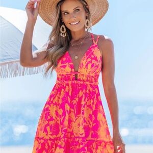 Vibrant Pink and Orange Backless Dress